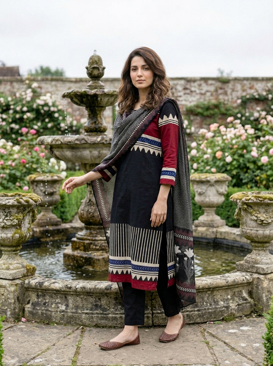 Black Tribal Hand Block Print Cotton Kurta Set with Pants & Dupatta — view 6
