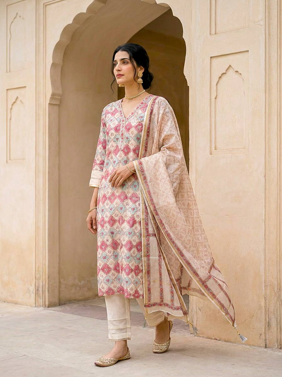 Ivory & Coral Hand Block Print Silk Chanderi Kurta Set with Pants & Dupatta — full set front