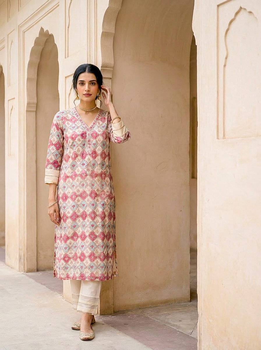 Ivory & Coral Hand Block Print Silk Chanderi Kurta Set with Pants & Dupatta — kurta detail