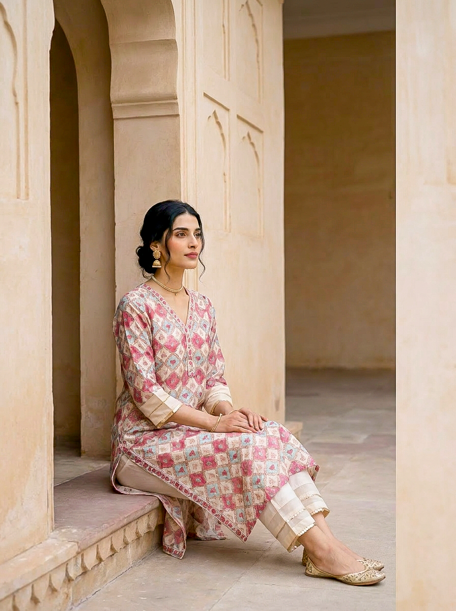 Ivory & Coral Hand Block Print Silk Chanderi Kurta Set with Pants & Dupatta — back view