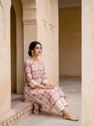 Ivory & Coral Hand Block Print Silk Chanderi Kurta Set with Pants & Dupatta — back view