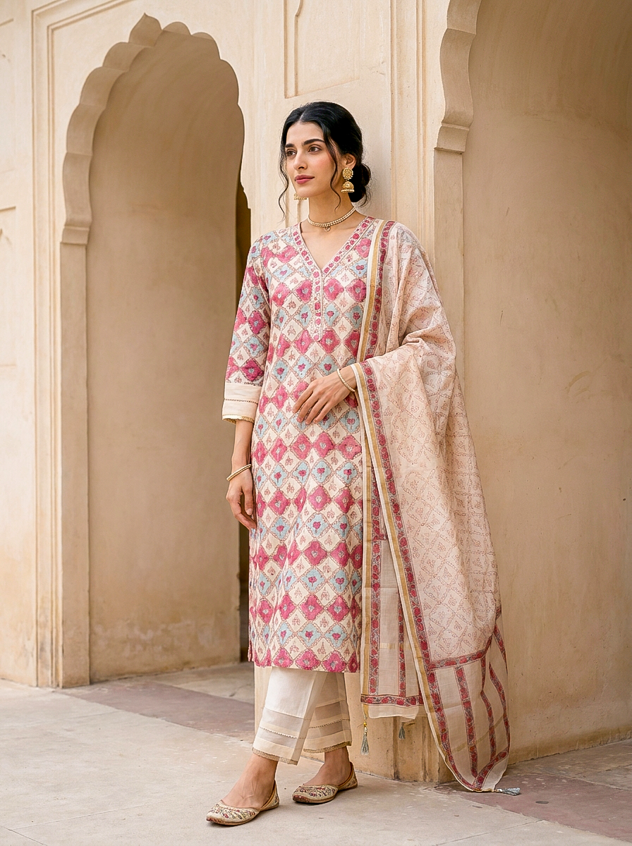 Ivory & Coral Hand Block Print Silk Chanderi Kurta Set with Pants & Dupatta — side view
