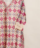 Ivory & Coral Hand Block Print Silk Chanderi Kurta Set with Pants & Dupatta — fabric close-up