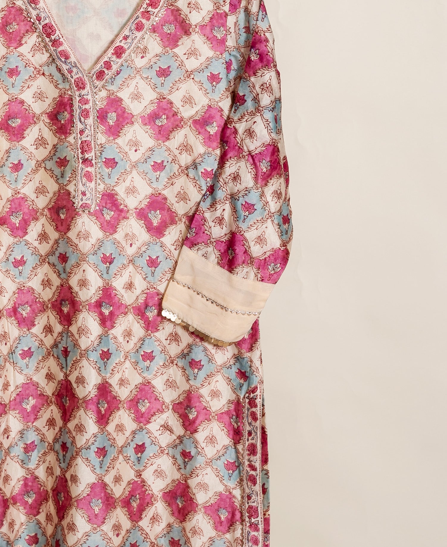 Ivory & Coral Hand Block Print Silk Chanderi Kurta Set with Pants & Dupatta — fabric close-up