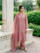 Rose Pink Embroidered Organza Kurta Set with Pants & Dupatta — full set front