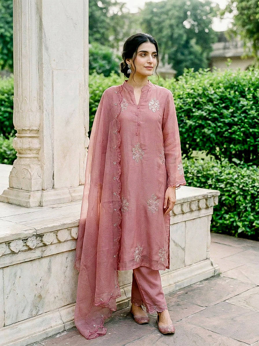 Rose Pink Embroidered Organza Kurta Set with Pants & Dupatta — full set front