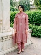 Rose Pink Embroidered Organza Kurta Set with Pants & Dupatta — kurta detail