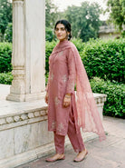 Rose Pink Embroidered Organza Kurta Set with Pants & Dupatta — back view