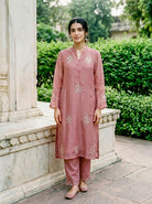 Rose Pink Embroidered Organza Kurta Set with Pants & Dupatta — styling detail