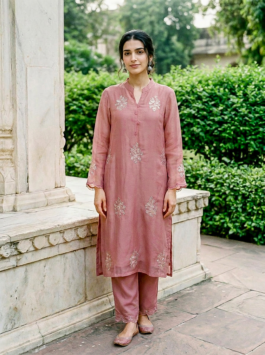 Rose Pink Embroidered Organza Kurta Set with Pants & Dupatta — styling detail