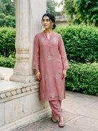 Rose Pink Embroidered Organza Kurta Set with Pants & Dupatta — fabric close-up