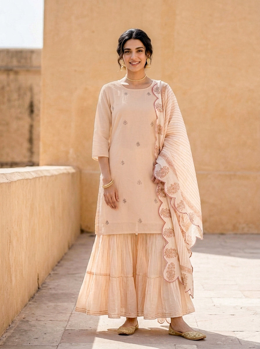 Peach Silk Chanderi Kurta with Muslin Sharara & Chanderi Dupatta — view 1