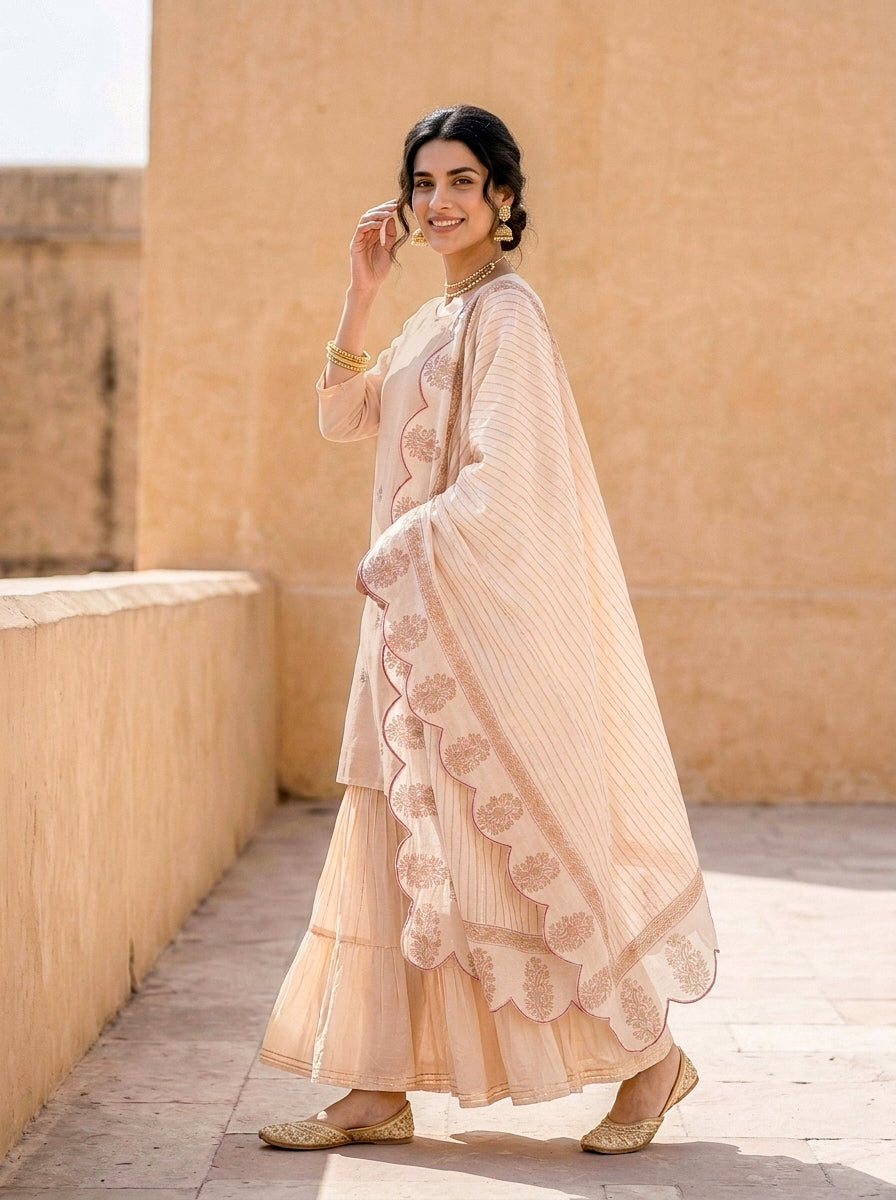 Peach Silk Chanderi Kurta with Muslin Sharara & Chanderi Dupatta — view 4