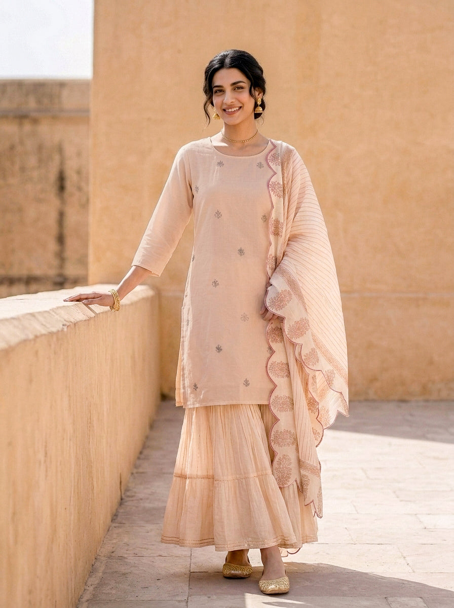 Peach Silk Chanderi Kurta with Muslin Sharara & Chanderi Dupatta — view 5