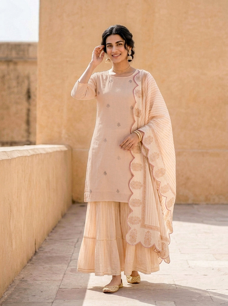 Peach Silk Chanderi Kurta with Muslin Sharara & Chanderi Dupatta — view 6