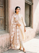 Ivory Embroidered Silk Chanderi Kurta Set with Pants & Dupatta — full set front