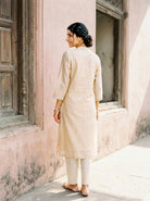Ivory Embroidered Silk Chanderi Kurta Set with Pants & Dupatta — kurta detail