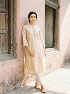 Ivory Embroidered Silk Chanderi Kurta Set with Pants & Dupatta — back view