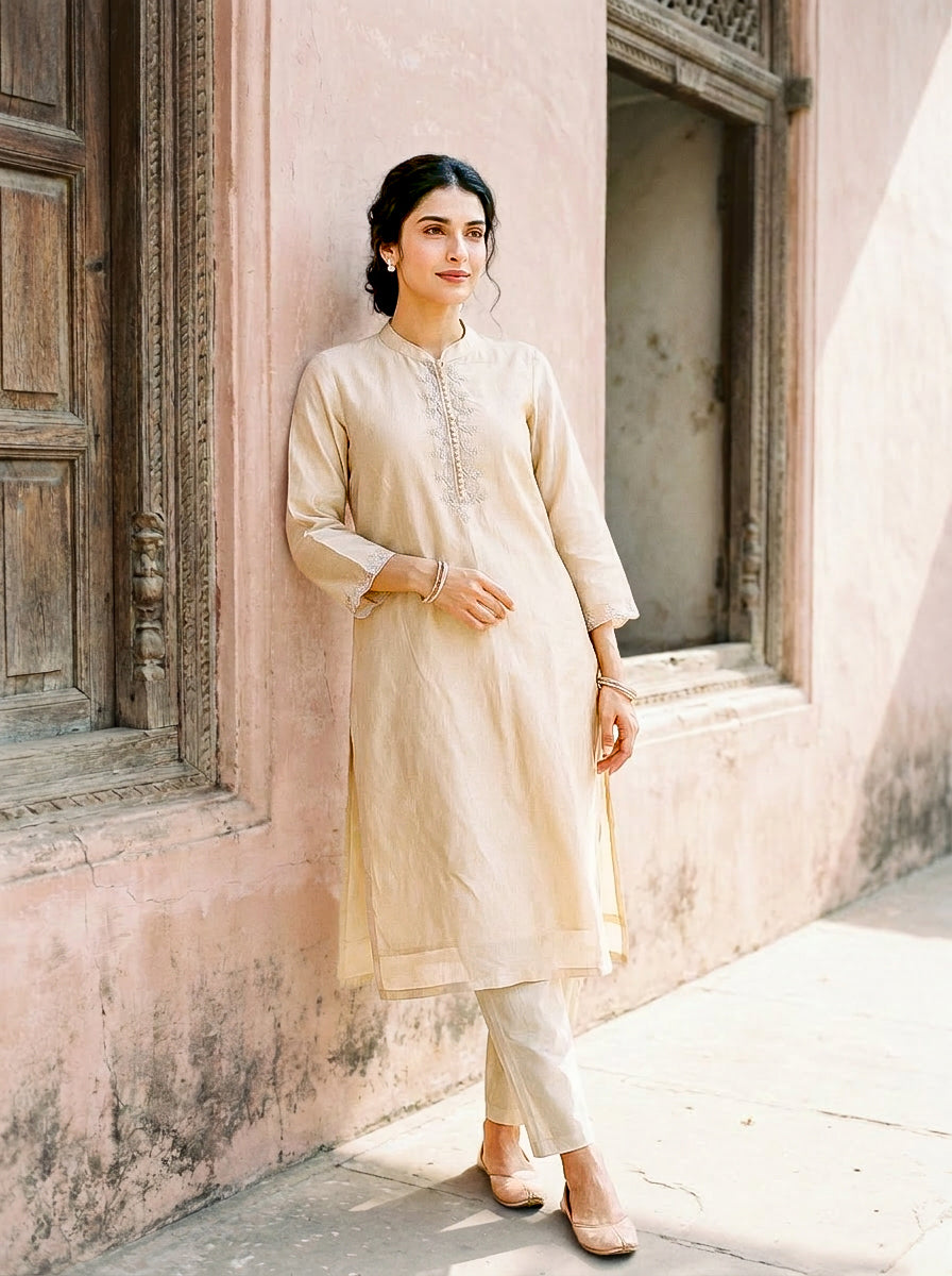Ivory Embroidered Silk Chanderi Kurta Set with Pants & Dupatta — side view