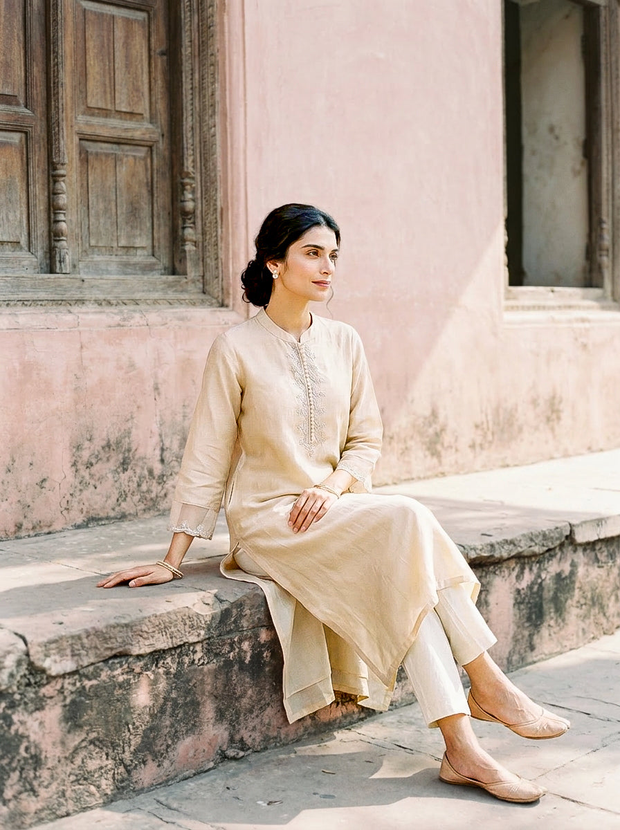 Ivory Embroidered Silk Chanderi Kurta Set with Pants & Dupatta — styling detail