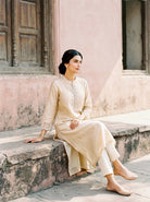 Ivory Embroidered Silk Chanderi Kurta Set with Pants & Dupatta — fabric close-up