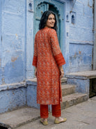 Rust Orange Hand Block Print Organza Kurta Set with Pants & Dupatta — view 5