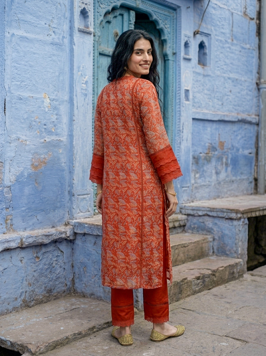 Rust Orange Hand Block Print Organza Kurta Set with Pants & Dupatta — view 5