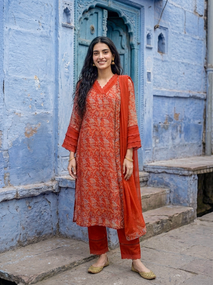 Rust Orange Hand Block Print Organza Kurta Set with Pants & Dupatta — view 1