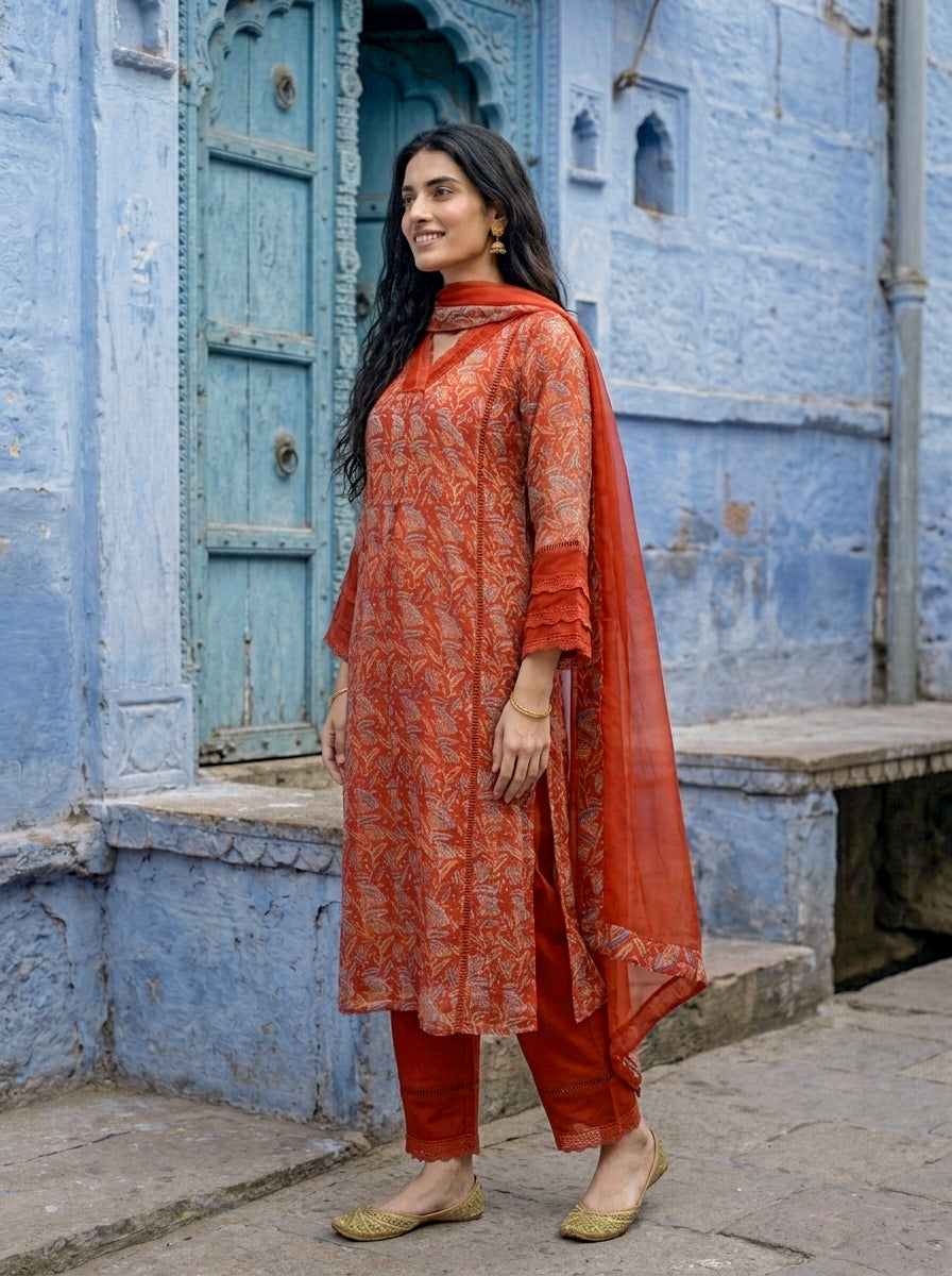 Rust Orange Hand Block Print Organza Kurta Set with Pants & Dupatta — view 3