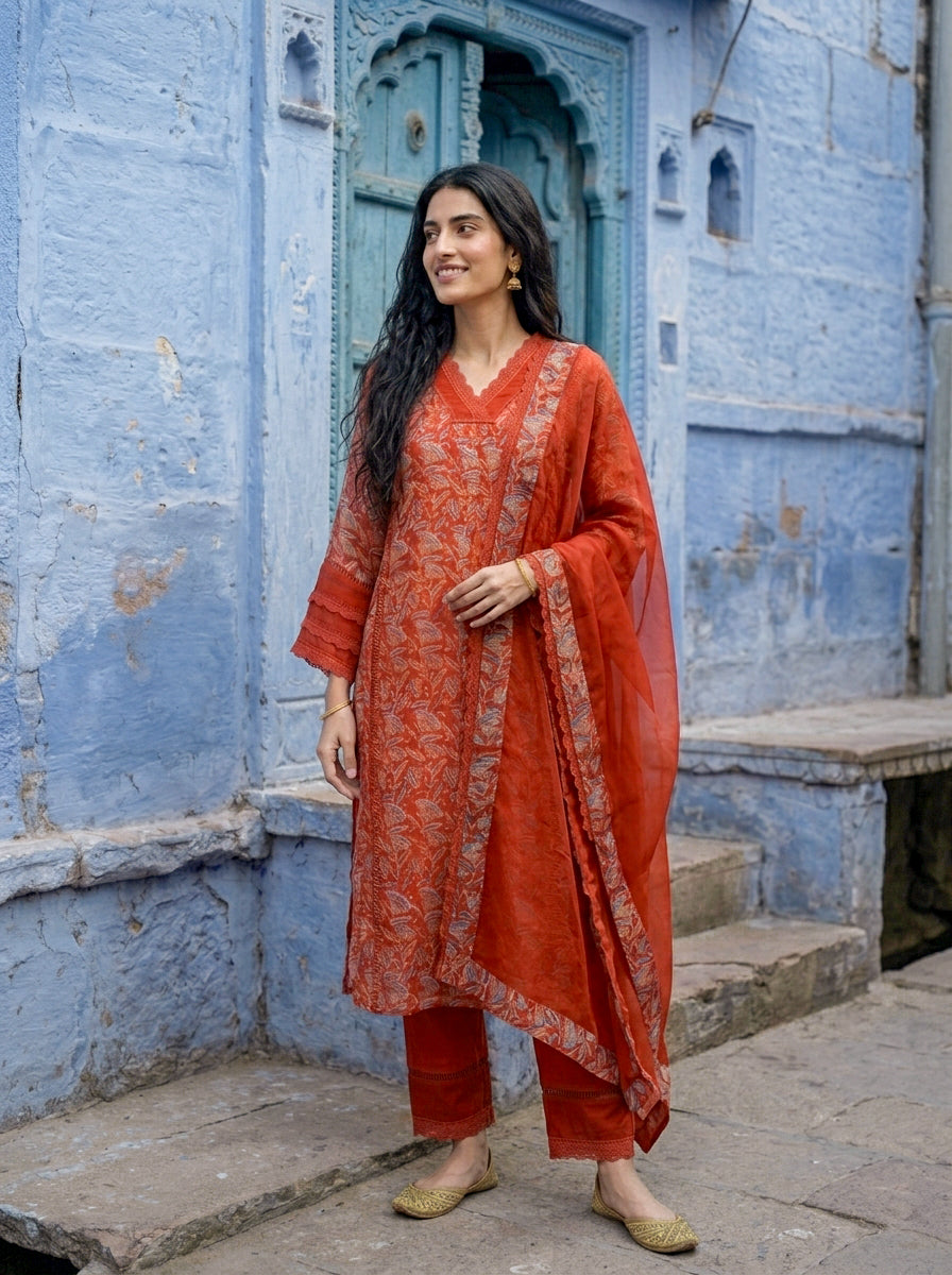 Rust Orange Hand Block Print Organza Kurta Set with Pants & Dupatta — view 4