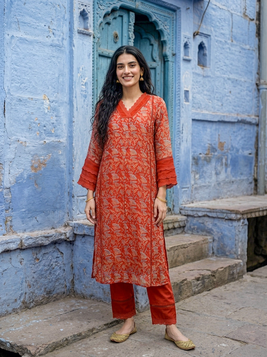 Rust Orange Hand Block Print Organza Kurta Set with Pants & Dupatta — view 2