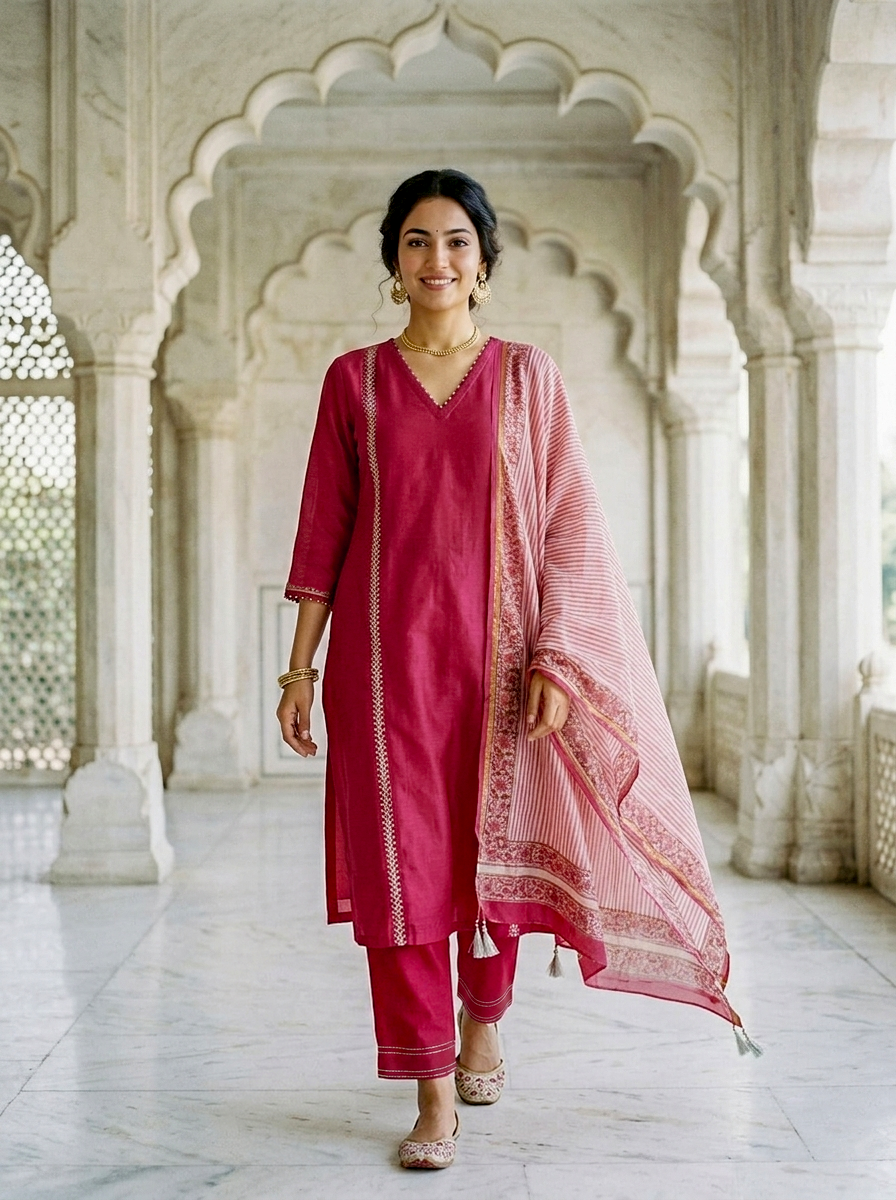 Magenta Silk Chanderi Kurta with Pants & Chanderi Dupatta — view 5