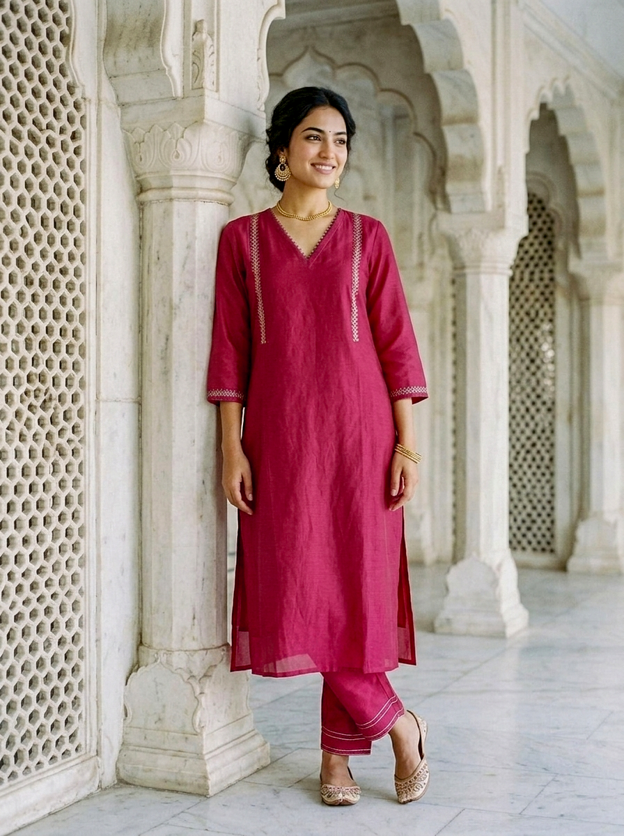 Magenta Silk Chanderi Kurta with Pants & Chanderi Dupatta — view 6
