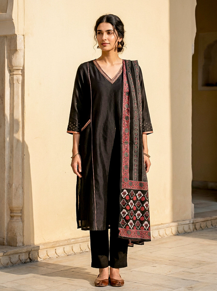 Black Embroidered Silk Chanderi Kurta Set with Pants & Dupatta — full set front