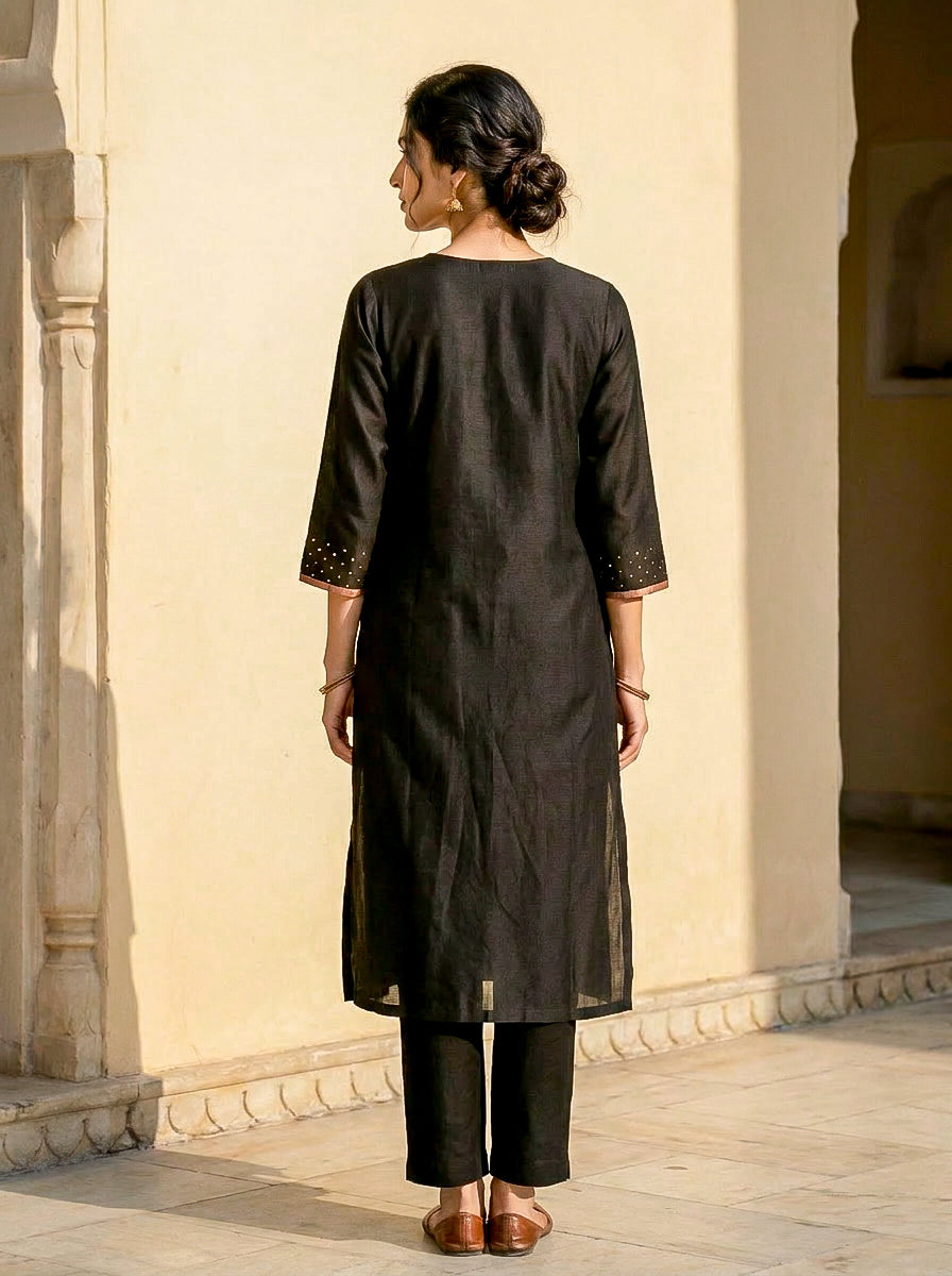 Black Embroidered Silk Chanderi Kurta Set with Pants & Dupatta — kurta detail