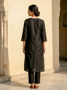 Black Embroidered Silk Chanderi Kurta Set with Pants & Dupatta — kurta detail