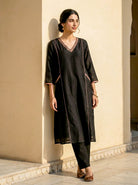 Black Embroidered Silk Chanderi Kurta Set with Pants & Dupatta — side view
