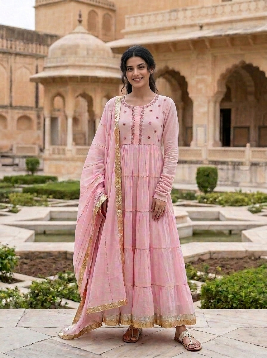 Pink Tiered Cotton Dress with Dupatta — view 1
