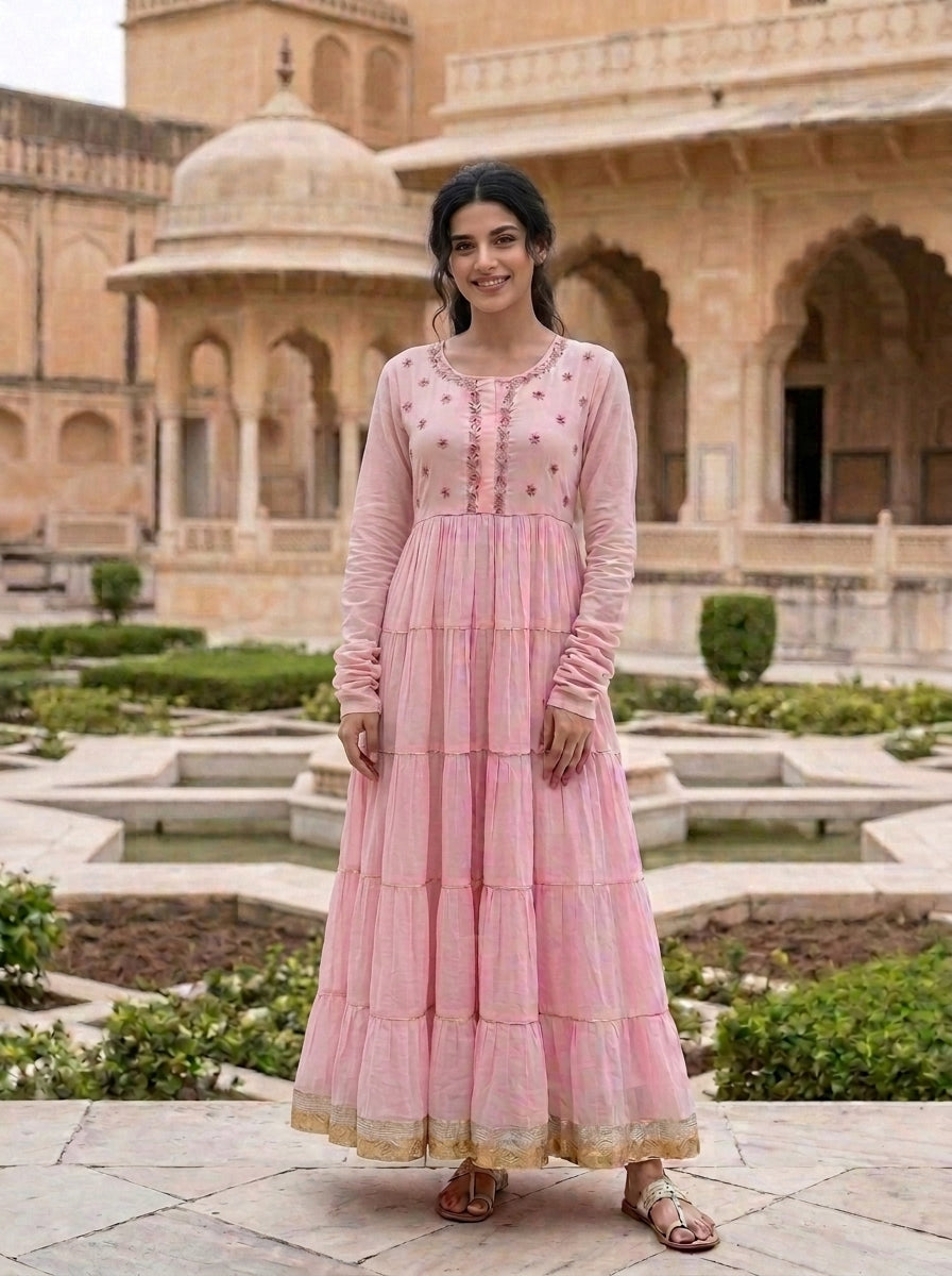Pink Tiered Cotton Dress with Dupatta — view 2