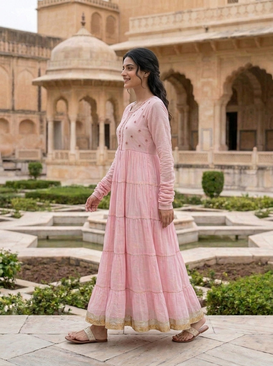 Pink Tiered Cotton Dress with Dupatta — view 3