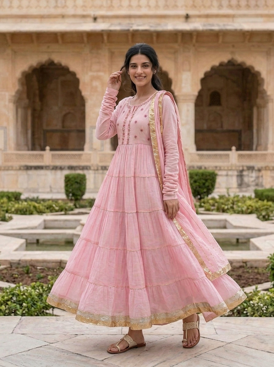 Pink Tiered Cotton Dress with Dupatta — view 5