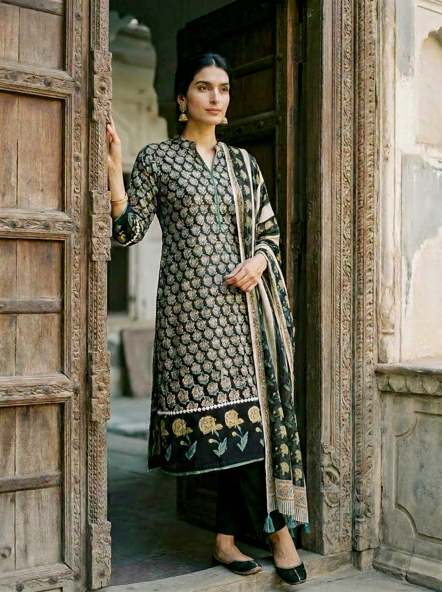 Dark Green Hand Block Print Silk Chanderi Kurta Set with Pants & Dupatta — full set front