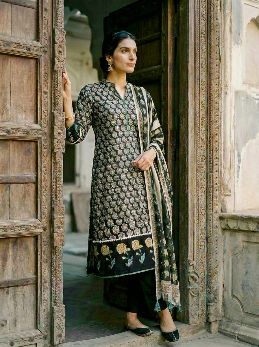Dark Green Hand Block Print Silk Chanderi Kurta Set with Pants & Dupatta — model front