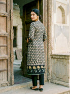 Dark Green Hand Block Print Silk Chanderi Kurta Set with Pants & Dupatta — kurta detail