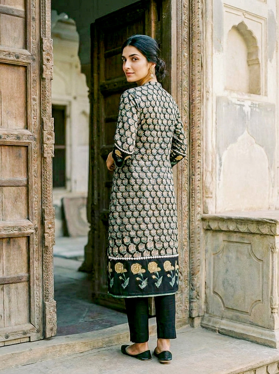 Dark Green Hand Block Print Silk Chanderi Kurta Set with Pants & Dupatta — kurta detail
