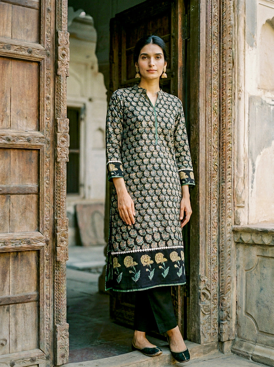 Dark Green Hand Block Print Silk Chanderi Kurta Set with Pants & Dupatta — back view