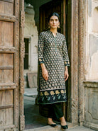 Dark Green Hand Block Print Silk Chanderi Kurta Set with Pants & Dupatta — back view