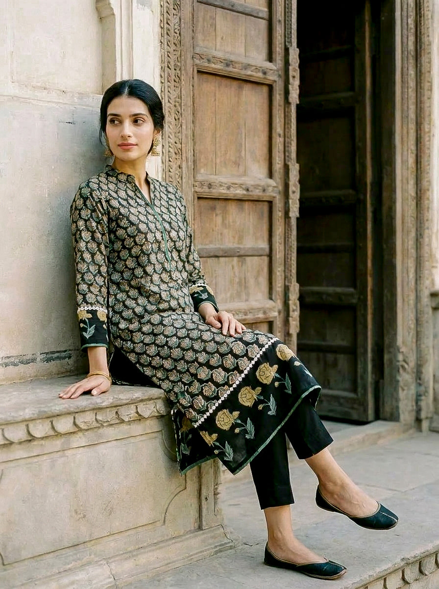 Dark Green Hand Block Print Silk Chanderi Kurta Set with Pants & Dupatta — side view