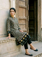 Dark Green Hand Block Print Silk Chanderi Kurta Set with Pants & Dupatta — side view