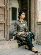 Dark Green Hand Block Print Silk Chanderi Kurta Set with Pants & Dupatta — styling detail